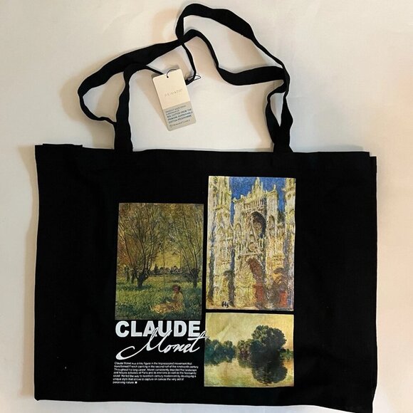 NEW Claude Monet Large Canvas Art Shopping Tote Book Bag - Black - Picture 1 of 3